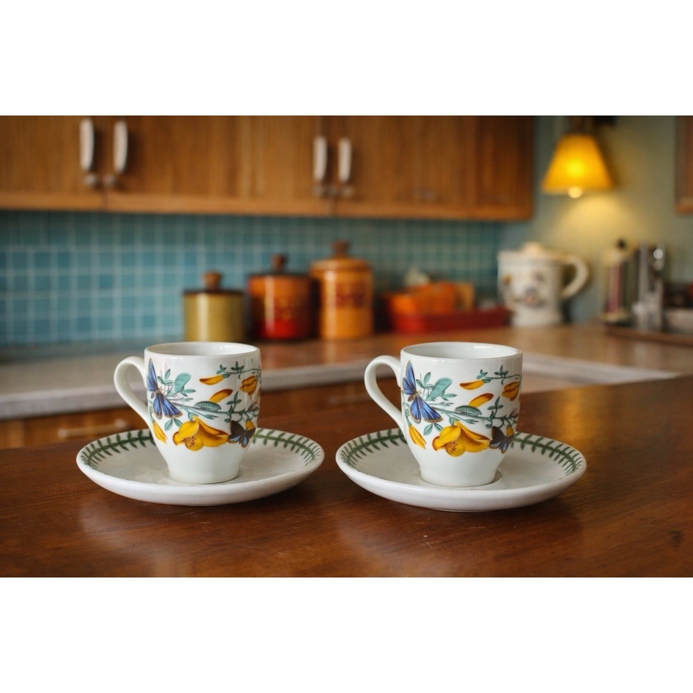 Vintage Portmeirion Botanic Garden Demitasse Espresso Set 2 Cups Saucers 1972
